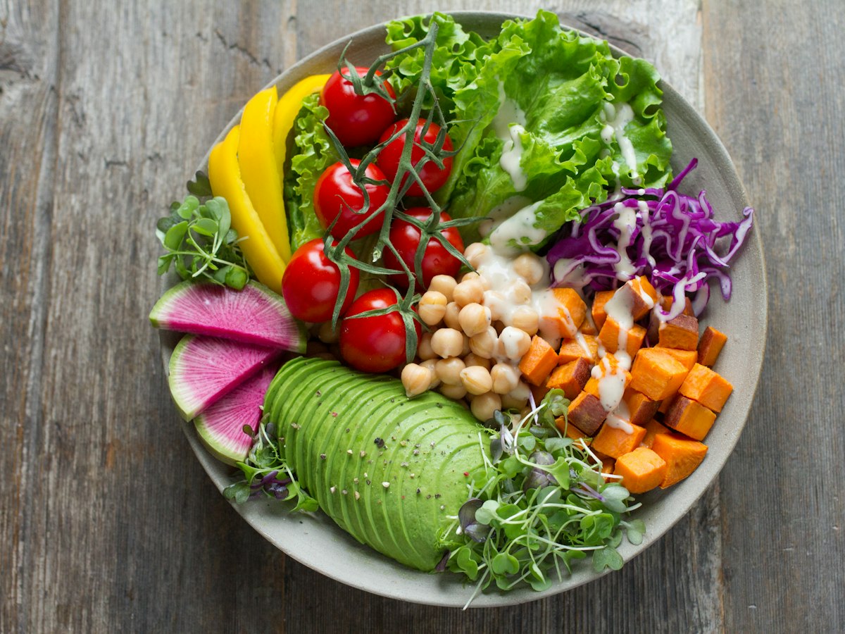 A colourful salad bowl seen from above